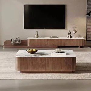 Modern Simple Size Apartment Rock Panel Tea Table Northern Europe Living Room Rectangular Walnut Veneer Storage Tea Table