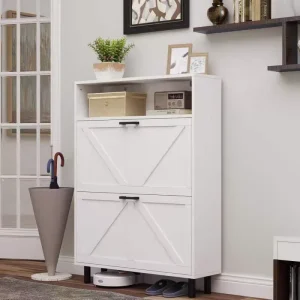 Modern Simple Style Wooden Storage Corner Farmhouse style Shoe Cabinet Distressed Living Room Furniture Flip top Shoe Cabinet