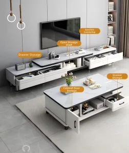 Modern Simple TV Cabinet Coffee Table Combination Telescopic Floor Design for Small Apartment Living Room Stone Material China