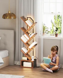 Modern Simple Tree Shaped Wood 6 Tier Narrow Space Saving Floor Standing Bedroom Bookshelf with LED Atmosphere