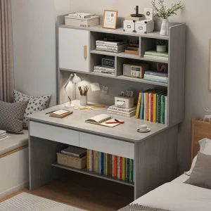 Modern Simplicity Large Storage Space Study Table with Giant Book Shelf and Wood Surface Home Desk for Students