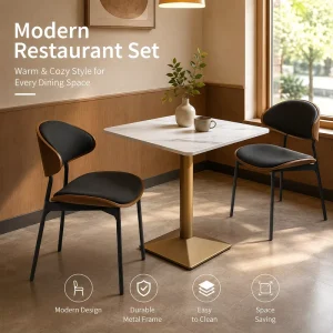 Modern Sintered Stone Dining Set Aluminum Gold Edge Table & Black Leather Chairs for Restaurant Cafe Hotel Furniture