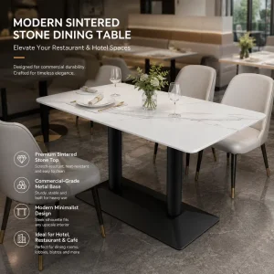 Modern Sintered Stone Dining Table Marble Look Black Metal Base Rectangular Round Corner for Hotel Restaurant OEM Custom