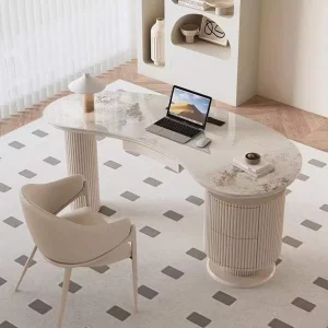 Modern Sintered Stone Executive Office Desk With Side Storage Cabinet for Home Office Salon Workspace