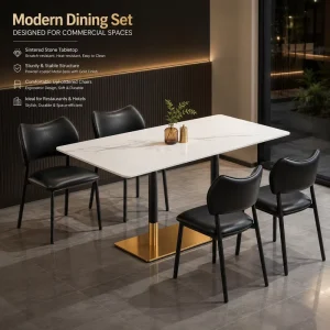 Modern Sintered Stone Rectangular Dining Table Set Gold Base Black Upholstered Chairs Hotel Restaurant Commercial Furniture
