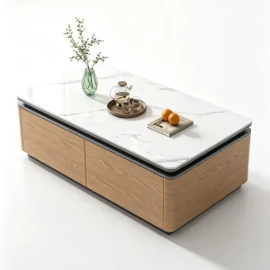 Modern Sintered Stone Top Coffee Table with Wood Grain Cabinet 2 Storage Doors Rounded Corner Tea Table