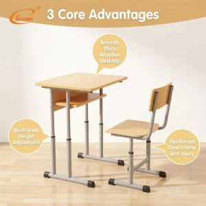 Modern Sky Blue School Chair Set with Drawer and Wood Top