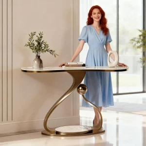 Modern Sleek Wear Resistant Marble Top Gold Metal Frame for Hall Entry Living Room Easy Care Console Table