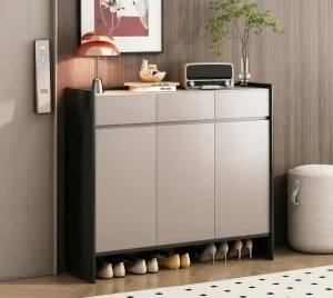 Modern Slim Eco Friendly Adjustable High Quality Shoe Cabinet Open Bottom Storage 3 Door Entryway Organizer Beige