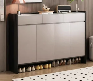 Modern Slim Eco Friendly Durable Adjustable Shoe Cabinet Open Bottom Storage 3 Door Entryway Organizer Beige Home Furniture