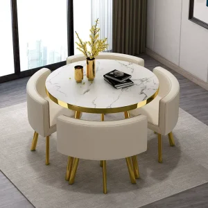 Modern Small Golden Edge MDF Dining Table 4 PU Leather Chairs Combination Set Waterproof & Durable Restaurant Furniture Set