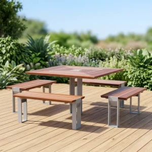 Modern Small Outdoor Table and Chair Set with Wood and Galvanized Steel for Courtyard Hotel Park Use