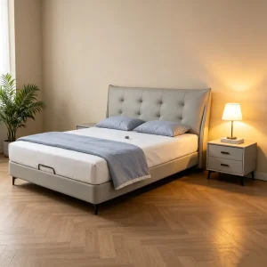 Modern Soft Bed with Genuine Leather Upholstery Adjustable Frame Standard Bedding for Hotel Rooms & Staff Dormitories