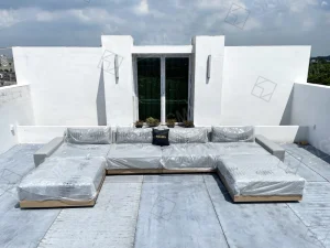 Modern Solid Teak Double L Shaped Outdoor Sectional Sofa Set Waterproof Light Grey Cushion 8 Seater Modular Corner Garden Hotel