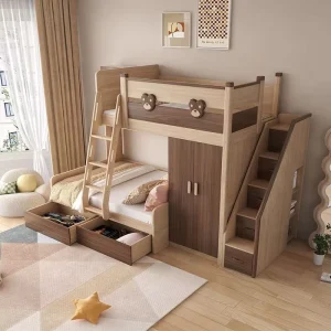 Modern Solid Timber Eco-Friendly Kids’ Bunk Bed with Wardrobe Storage Playhouse Hotel Apartment Bedroom Furniture Set