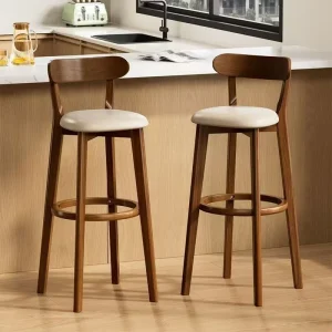 Modern Solid Walnut Wood Bar Stool Counter Height Curved Backrest Kitchen Pub Chair Commercial Wooden Barstool with Footrest