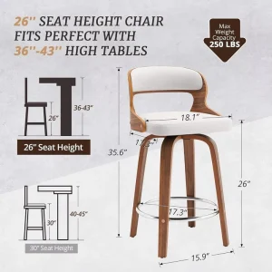 Modern Solid Wood 360 Swivel Metal Base Bar Stool with Footrest for Home Bar and Dining