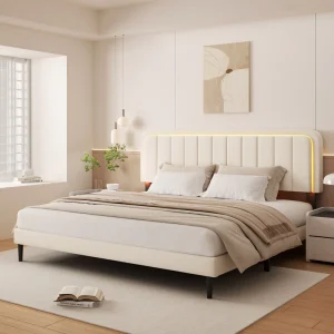 Modern Solid Wood Adjustable Height Bedroom Furniture Bed Frame Set with Smart Sensor Bedside Lamp APP Control