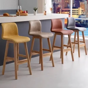 Modern Solid Wood Bar Stool with Leather and Fabric Curved High Backrest for Kitchen Hotel Restaurant Commercial Use