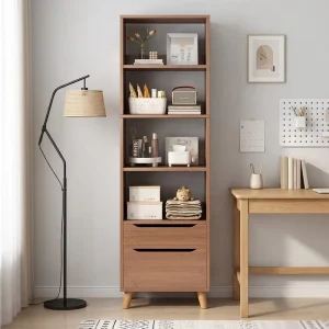 Modern Solid Wood Bookcase Vertical Structure 4 layer Storage Double Drawers Stable and Firm