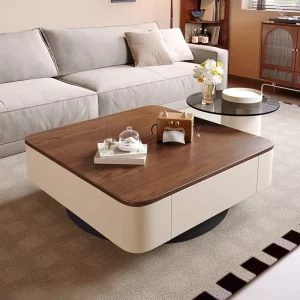 Modern Solid Wood Coffee Table for Living Room Small Apartment Walnut Wood Color Square Coffee Table Set