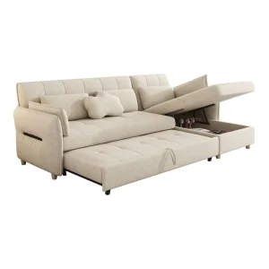Modern Solid Wood Convertible Sofa Bed Fabric Multifunctional Folding Sofa Bed