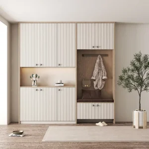 Modern Solid Wood Entry Cabinet Multifunctional Shoe Rack Coat Nook Open Display Shelf LED Soft Bench