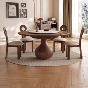 Modern Solid Wood Extendable Foldable Dining Room Furniture Set Walnut-colored Dining Table Turntable for Apartments 8-Seater