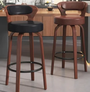 Modern Solid Wood Padded Bar Chair with Metal Reinforced Frame Curved Seat and Supportive Back for Restaurant Pub Counter