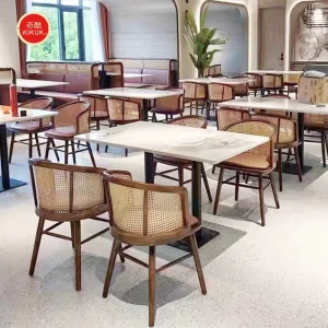 Modern Solid Wood Rattan Restaurant Furniture Customizable Table Chair Set for Dining Cafe Coffee Shops