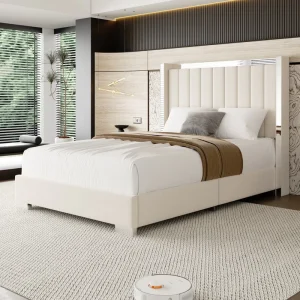 Modern Solid Wood Resort Hotel Bed Frame with Upholstered Headboard Pillow Platform Bed Multi Functional Design
