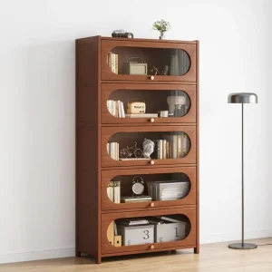 Modern Solid Wood Simple Bookcase with 5 Shelves Adjustable Floor-Standing Dustproof Storage with Door for Living Room