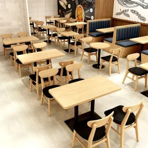 Modern Solid Wood Southeast Asia Design Cafe Table Chair Set Wood Grain Top Black Metal Legs Commercial Bistro Furniture