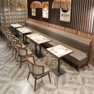 Modern Solid Wood Style Restaurant Hotel Cafe Solid Wood Dining Table and Chairs Sofa Card Seat Set