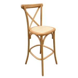 Modern Solid Wood X-Back Bar Stool with Rattan Seat for Commercial Use