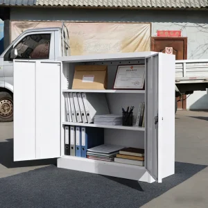 Modern Space Saver White Filing Cabinet with 2 Doors 2 Adjustable Shelves for Small Office Workshop Gym Use