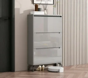 Modern Space Saving Eco Friendly Adjustable High Quality Shoe Cabinet 3 Tilt Out Drawers Sleek Grey Finish Metal Home Furniture