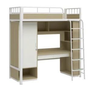 Modern Space Saving Metal Loft Bed with Desk Wardrobe All in One Dormitory Bed Frame Storage Shelves Safety Ladder for Hotel Use