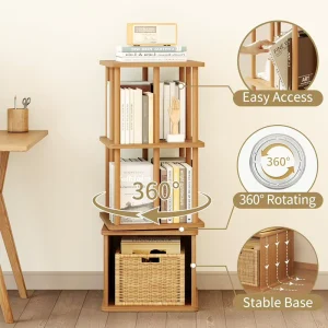 Modern Space Saving Rotating Bookcase with Natural Wood Finish 3 Tier Floating Shelves Wall Mount Living Room Storage