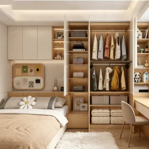 Modern Space Saving Wood Bedroom Furniture Set Bed Wardrobe and Desk Combo Easy Assemble for Hotel Villa Use