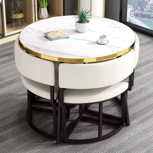 Modern Space saving Round Kitchen MDF Table and Metal Leg 4 PU Leather Chairs Dining Room Restaurant Table and Chair Set