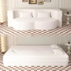 Modern Square Convertible Hospital Sofa Bed Sofa Set with 2 Pillows for Fabric 15″ Mattress No Assembly Beige White