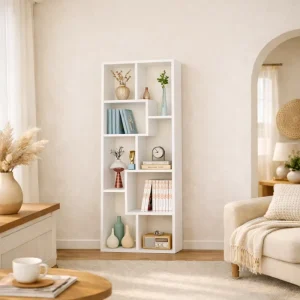 Modern Square Durable MDF 5 Tier White Commercial Library Display Shelf & Bookcase for Bedroom and Living Room