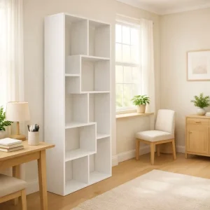 Modern Square Durable MDF 5 Tier White Commercial Non Foldable Library Display Shelf & Bookcase for Bedroom and Living Room