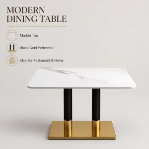 Modern Square Marble Dining Table with Black Gold Double Pedestal for Restaurant Hotel Cafe