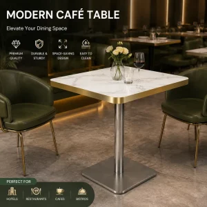 Modern Square Marble Top Cafe Table Gold Stainless Steel Base Commercial Restaurant Dining Table for Hotel Bistro Coffee Shop