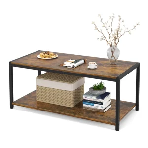 Modern Square Metal Coffee Table with Storage Shelf Wooden Top 43” for Living Room Home Office Rustic Brown