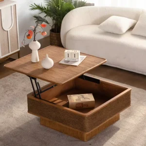 Modern Square Rattan Coffee Table with Adjustable Storage for Hotel Use Eco Friendly & Durable Living Room Furniture
