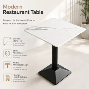 Modern Square Sintered Stone Pedestal Table Marble Look Black Metal Base Round Corner for Hotel Cafe Restaurant OEM Custom