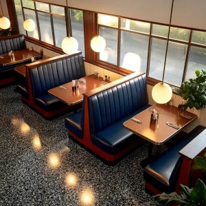Modern Square Solid Wood Cafe Table Blue Leather Bench Seating Commercial Fast Food Restaurant Furniture Booth